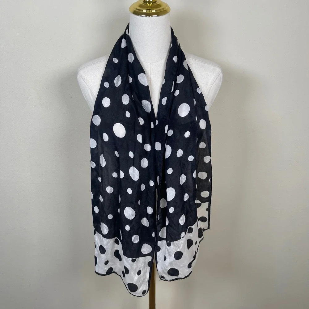 Vintage Silk Polka Dot Scarf Black White Sheer Lightweight Retro Mod Rockabilly